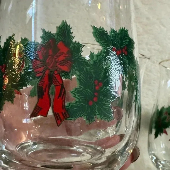 6 Vintage Libbey Christmas Holly Berry Wreath Garland Red Bow Glasses Gold Trim - Picture 4 of 15